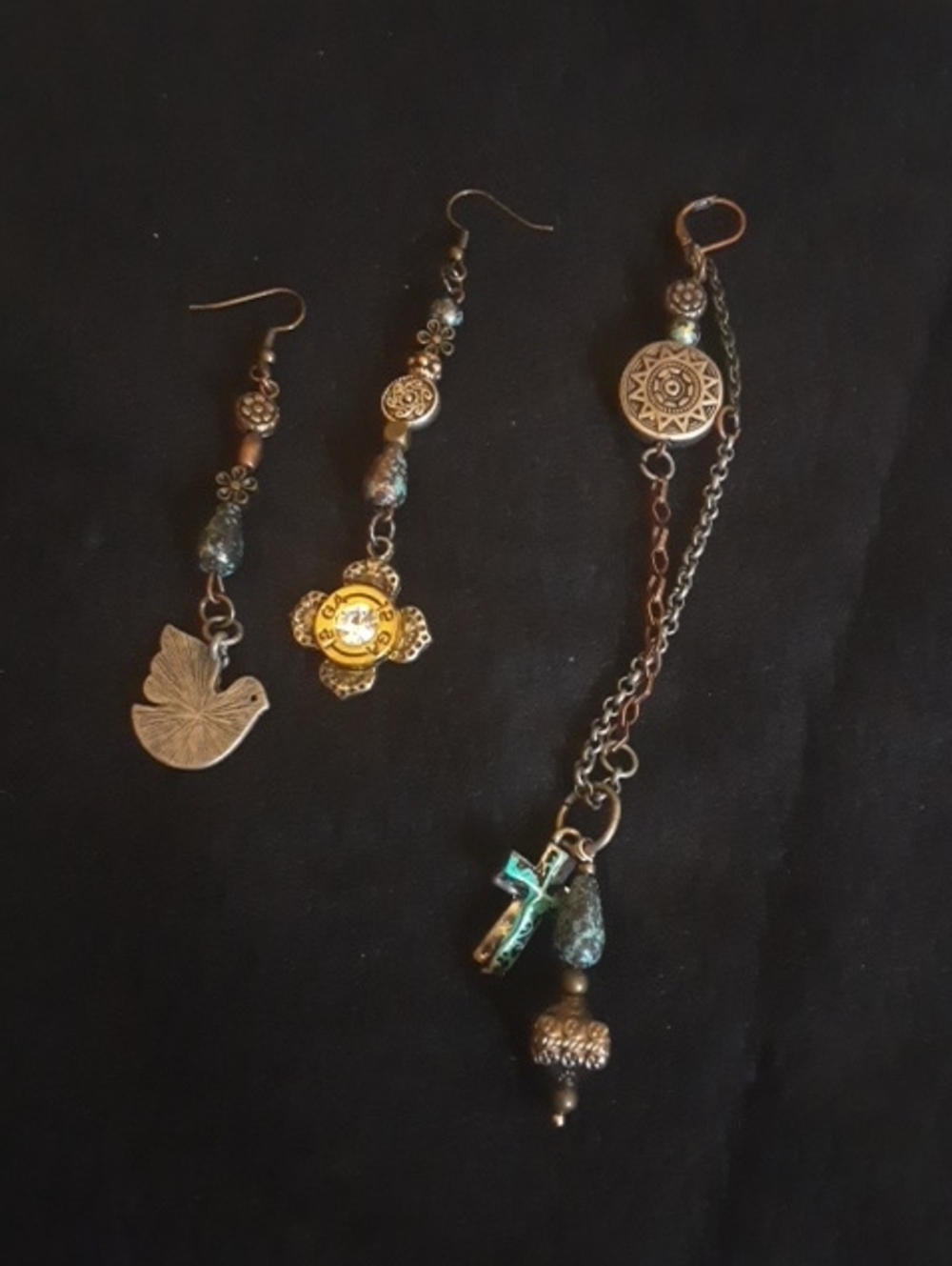 Upcycled Bird Of Peace Golden Sparkle Cross Single Drop Earrings Lot Of 3
